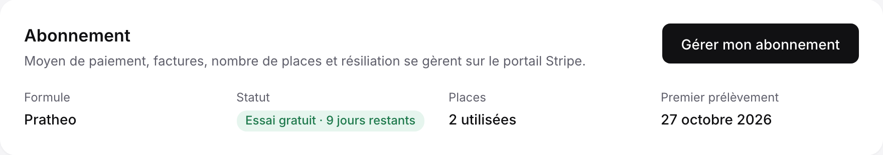 Partie Abonnement de la page Cabinet : formule, statut, places et date du prochain prélèvement