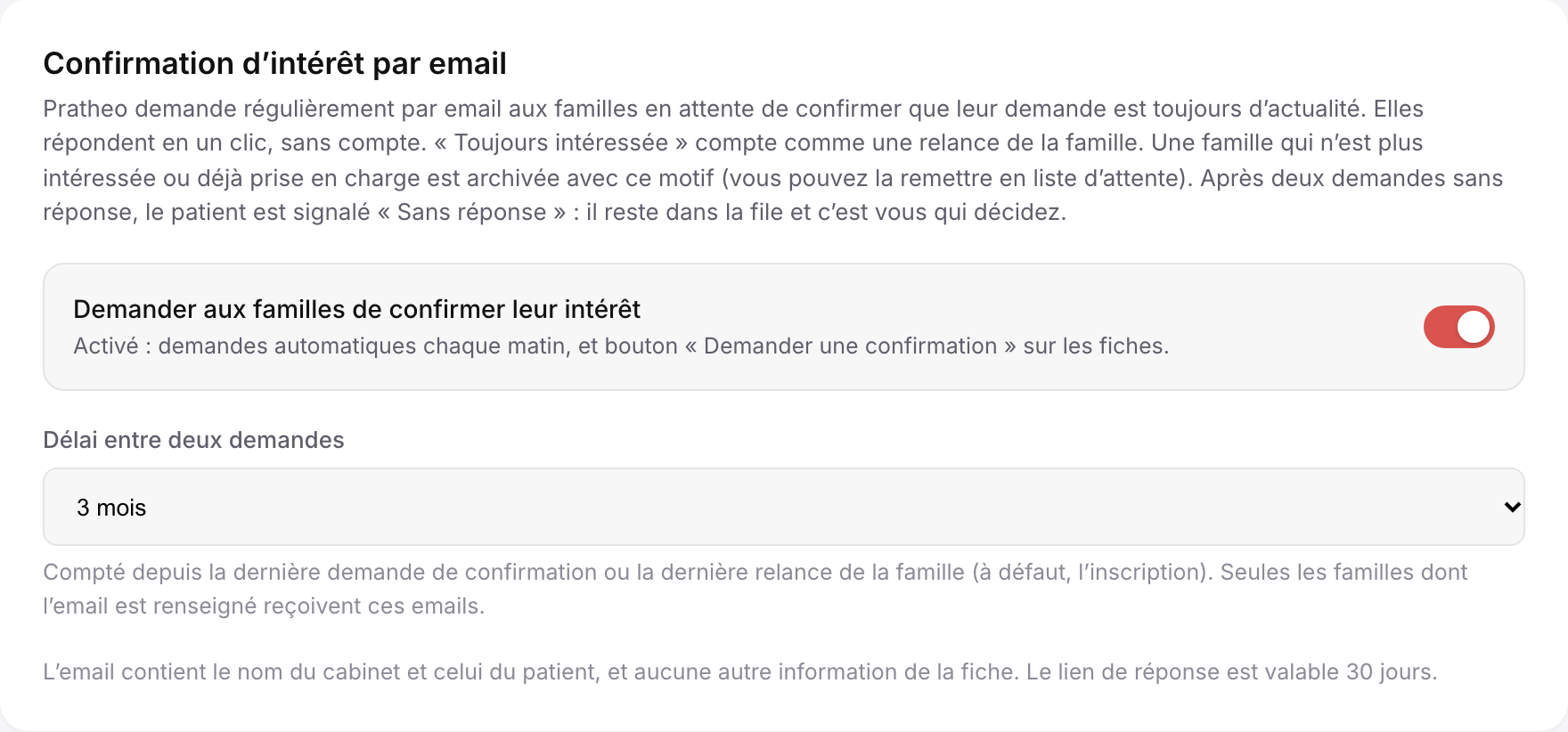 Partie Confirmation d'intérêt par email de la page Cabinet : interrupteur et délai entre deux demandes