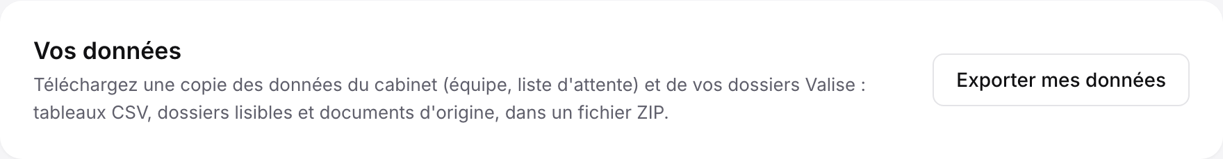 Partie Vos données de la page Cabinet avec le bouton Exporter mes données