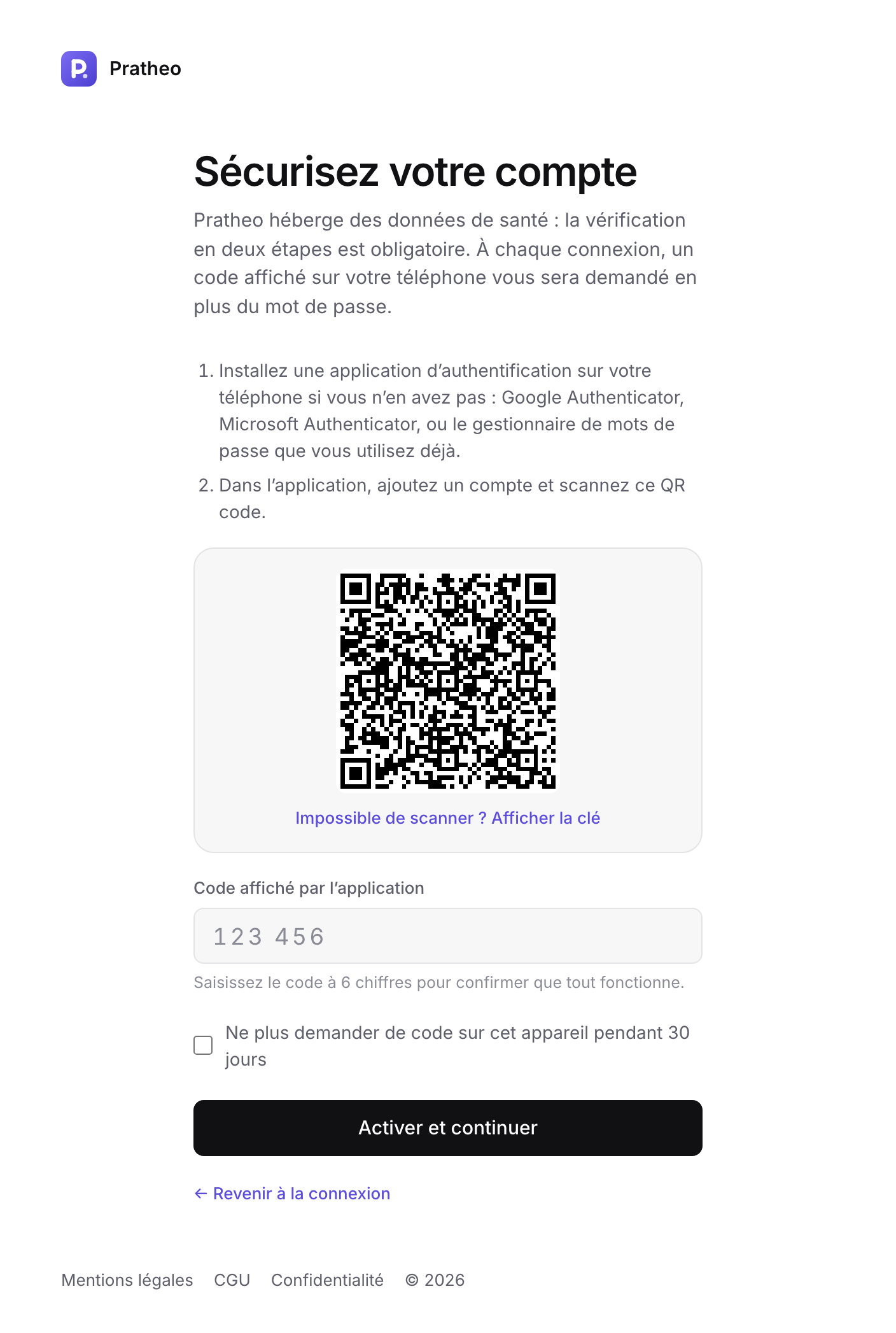 Écran Sécurisez votre compte : étapes, QR code à scanner et champ du code à 6 chiffres