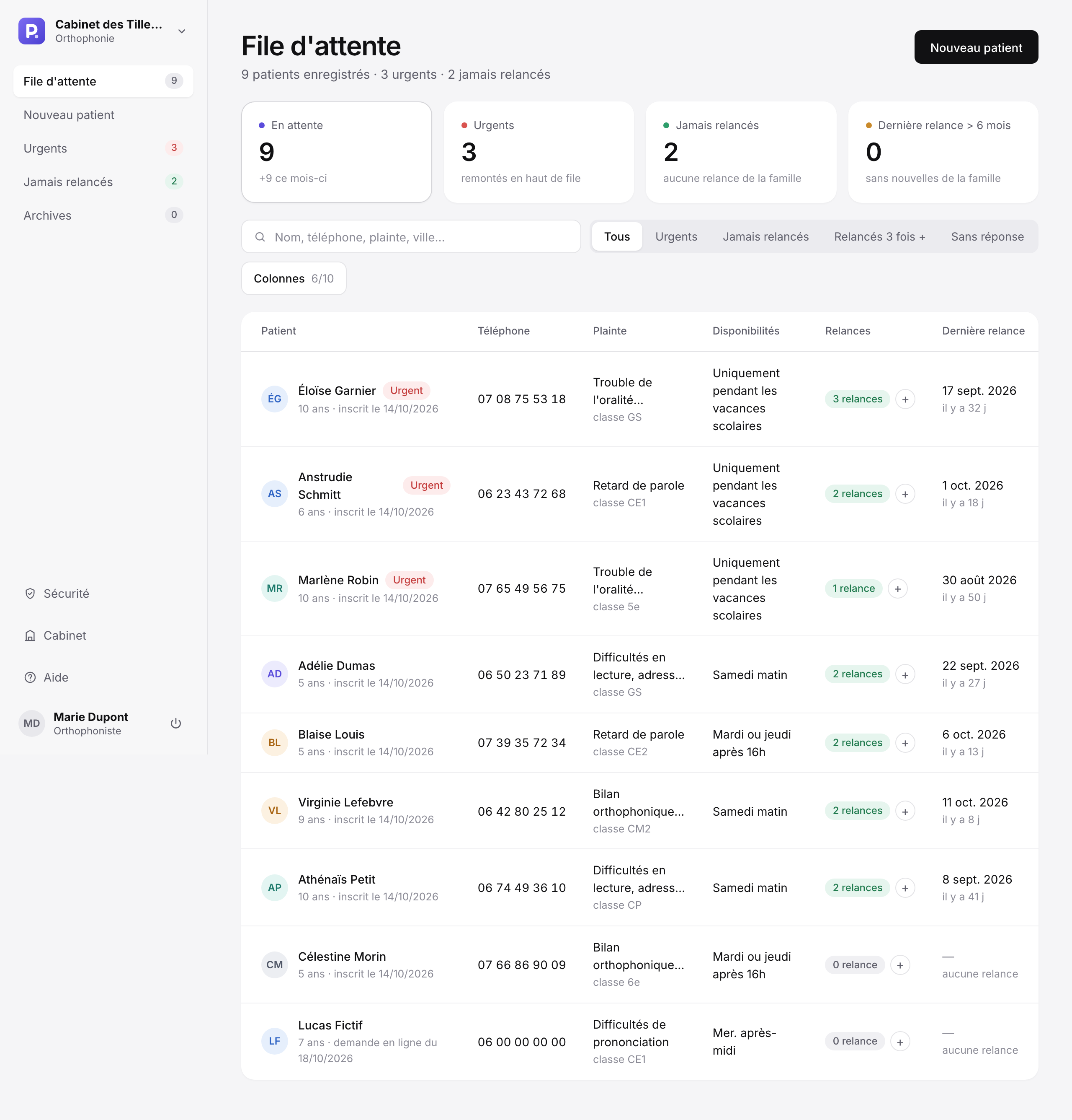 Page File d'attente : indicateurs, recherche, filtres et tableau des patients