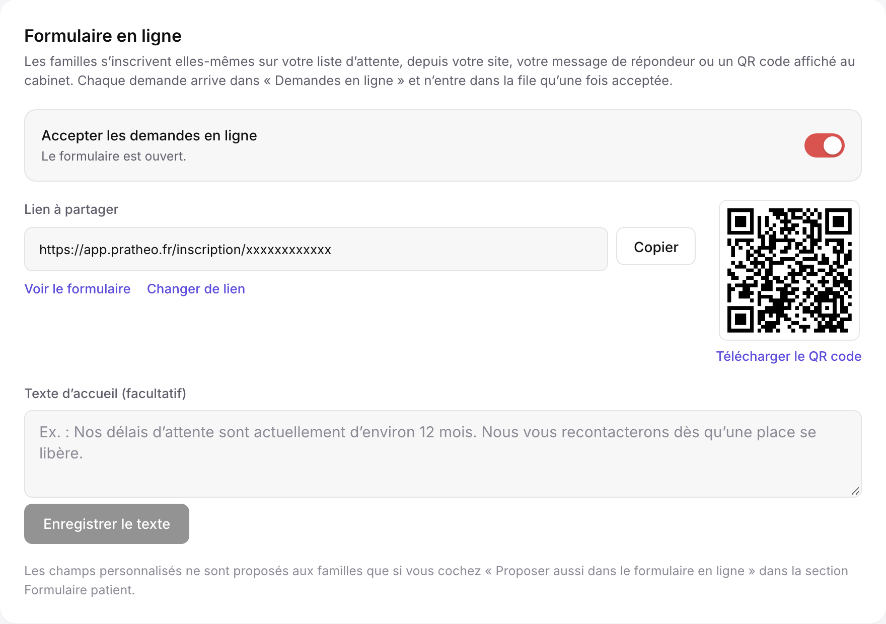 Partie Formulaire en ligne de la page Cabinet : interrupteur, lien à partager, QR code et texte d'accueil