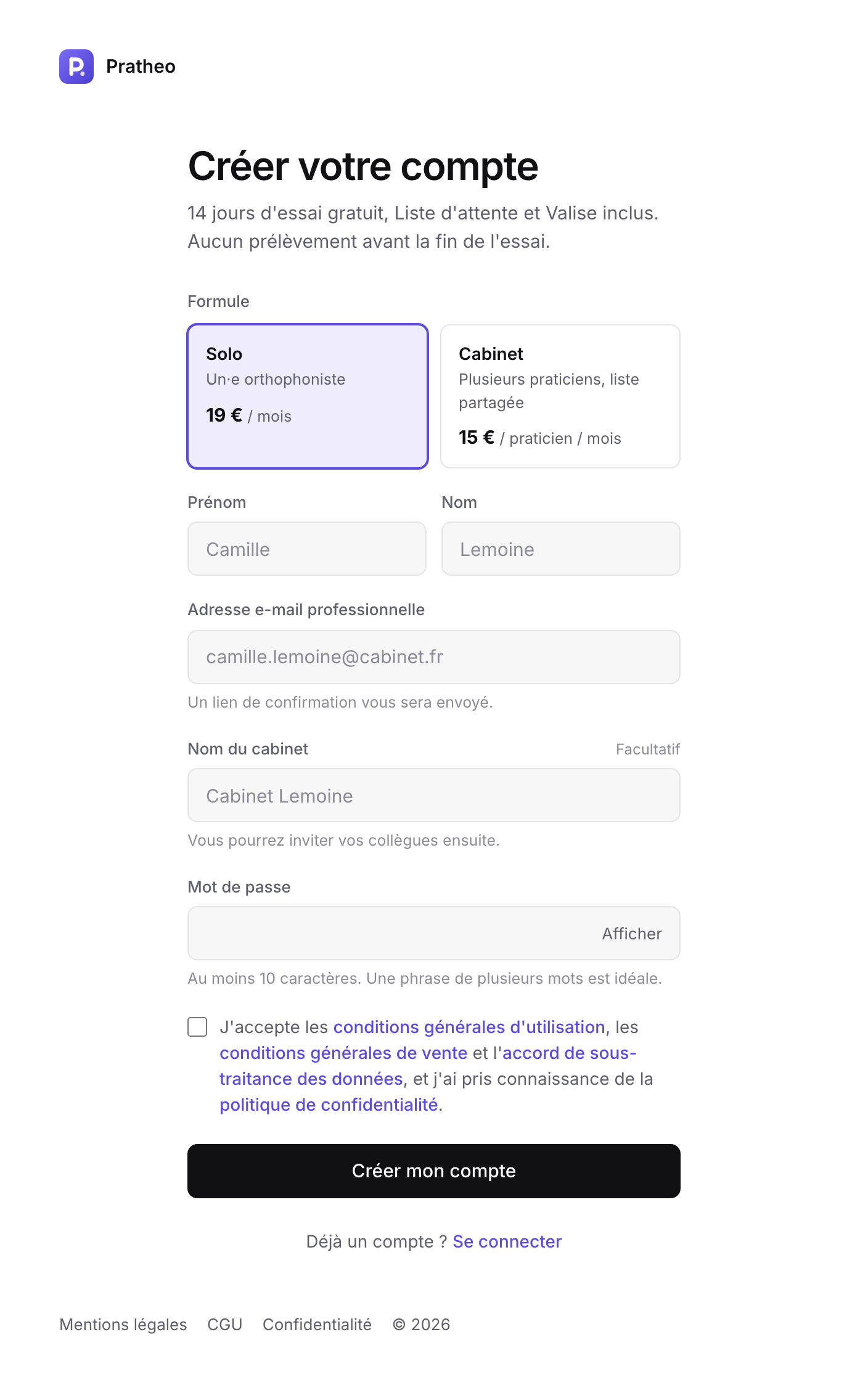 Formulaire d'inscription Pratheo : choix de la formule, nom, adresse e-mail, nom du cabinet et mot de passe