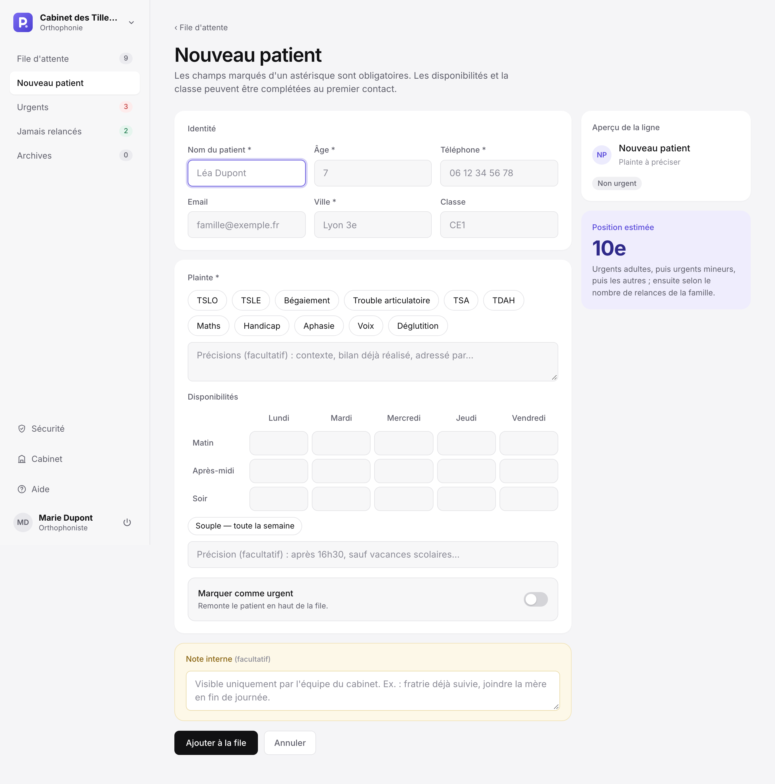 Formulaire Nouveau patient avec l'aperçu de la ligne et la position estimée