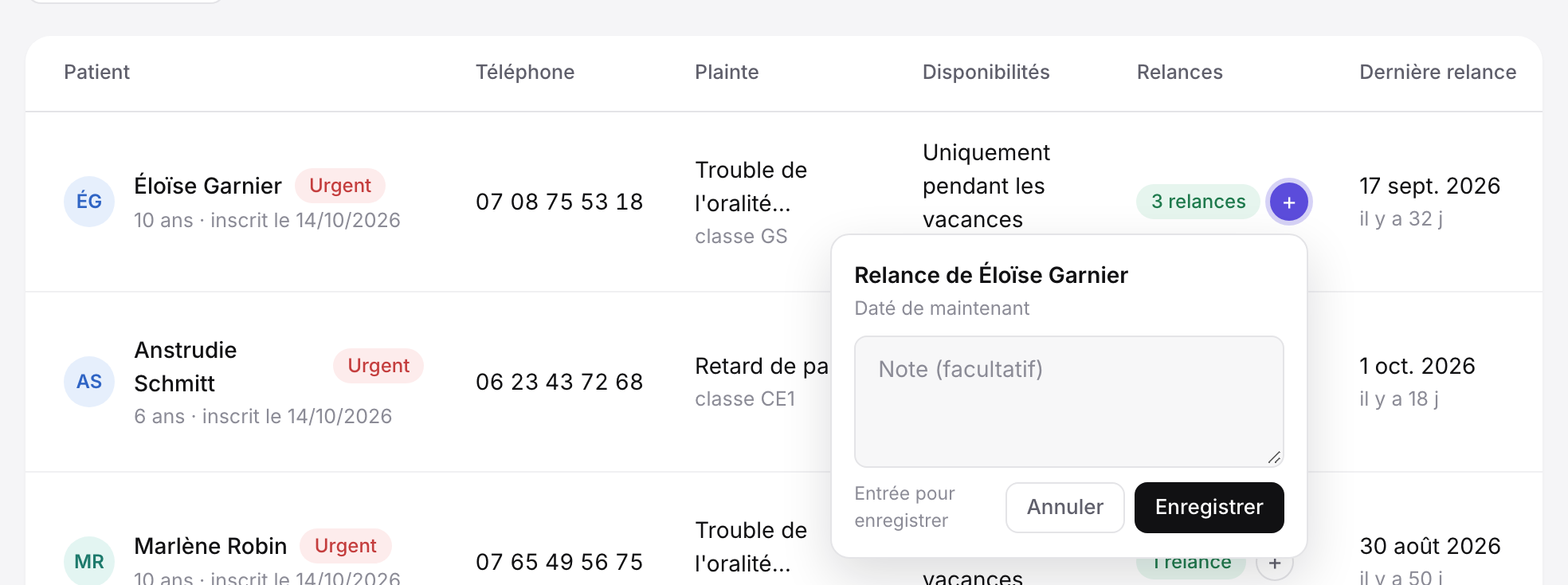 Bulle d'ajout rapide d'une relance depuis la colonne Relances de la file