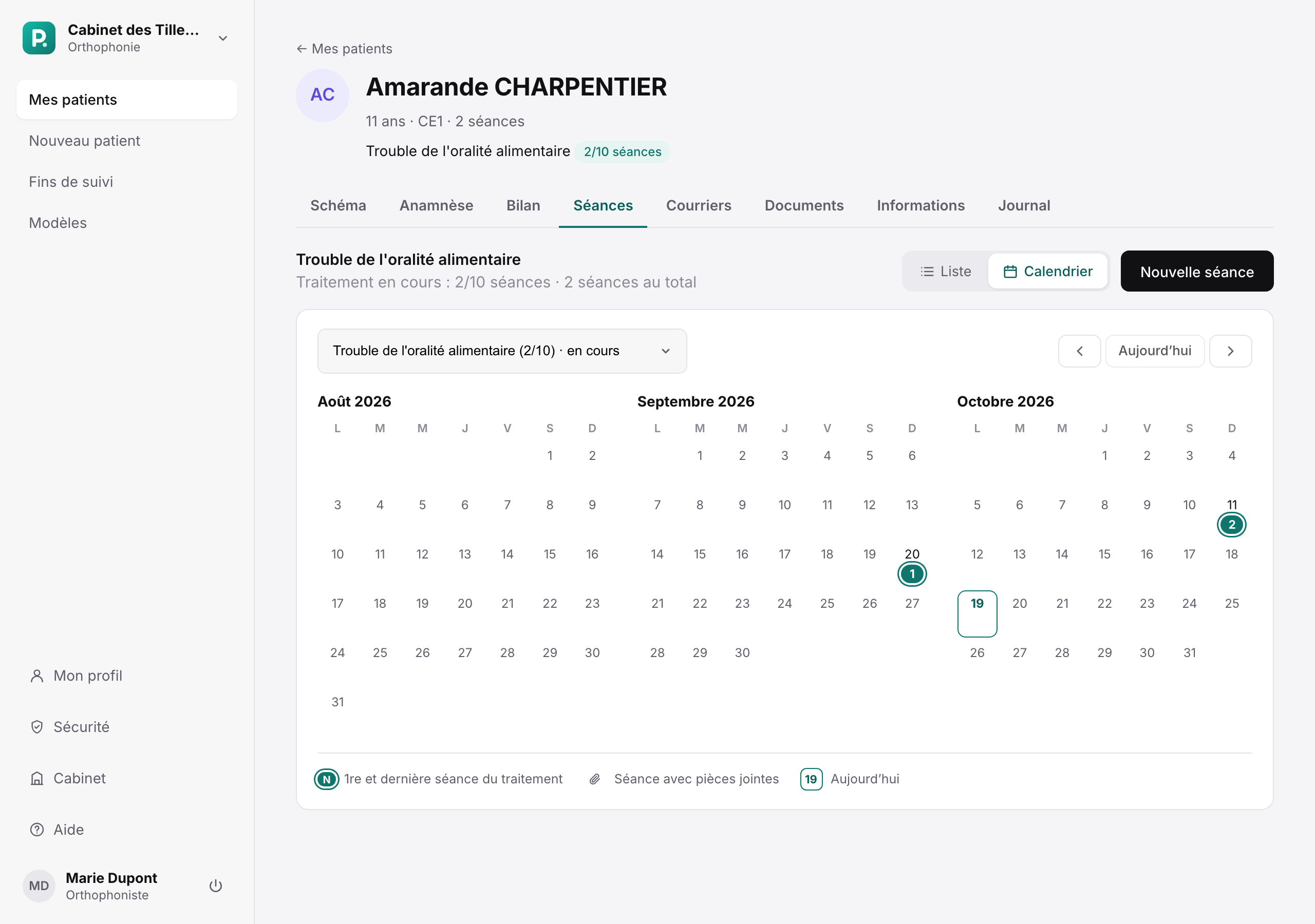 Vue Calendrier des séances sur trois mois, avec la première et la dernière séance numérotées