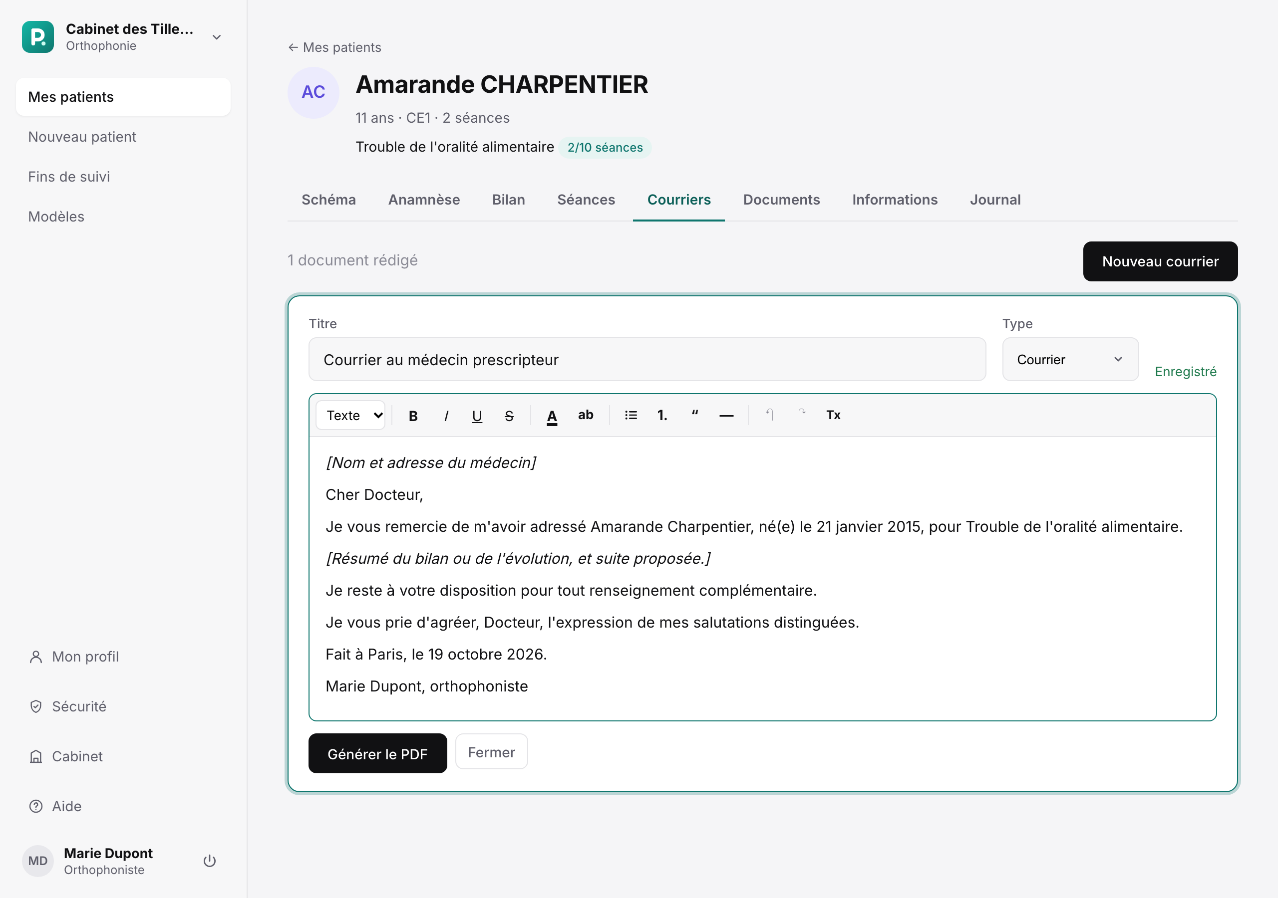 Éditeur de courrier : texte prérempli depuis le modèle, éléments à compléter surlignés et bouton Générer le PDF