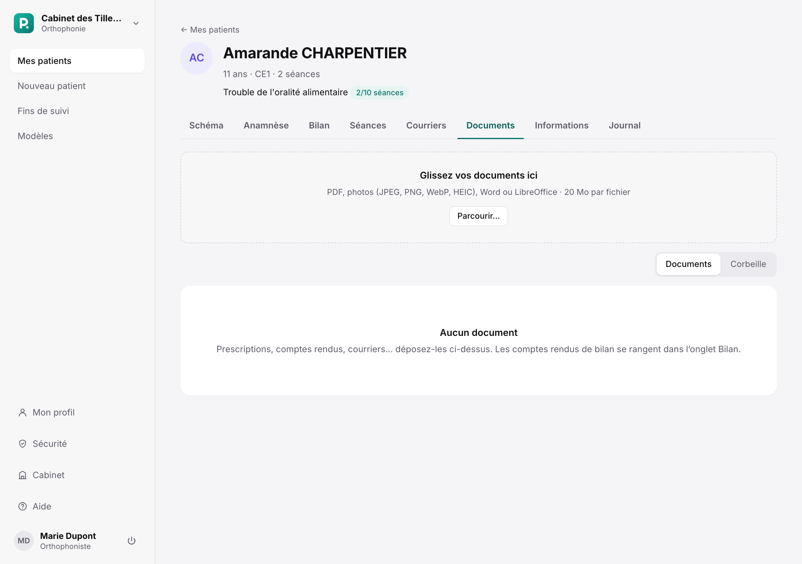 Onglet Documents : zone de dépôt et liste des documents avec leur type et leur date