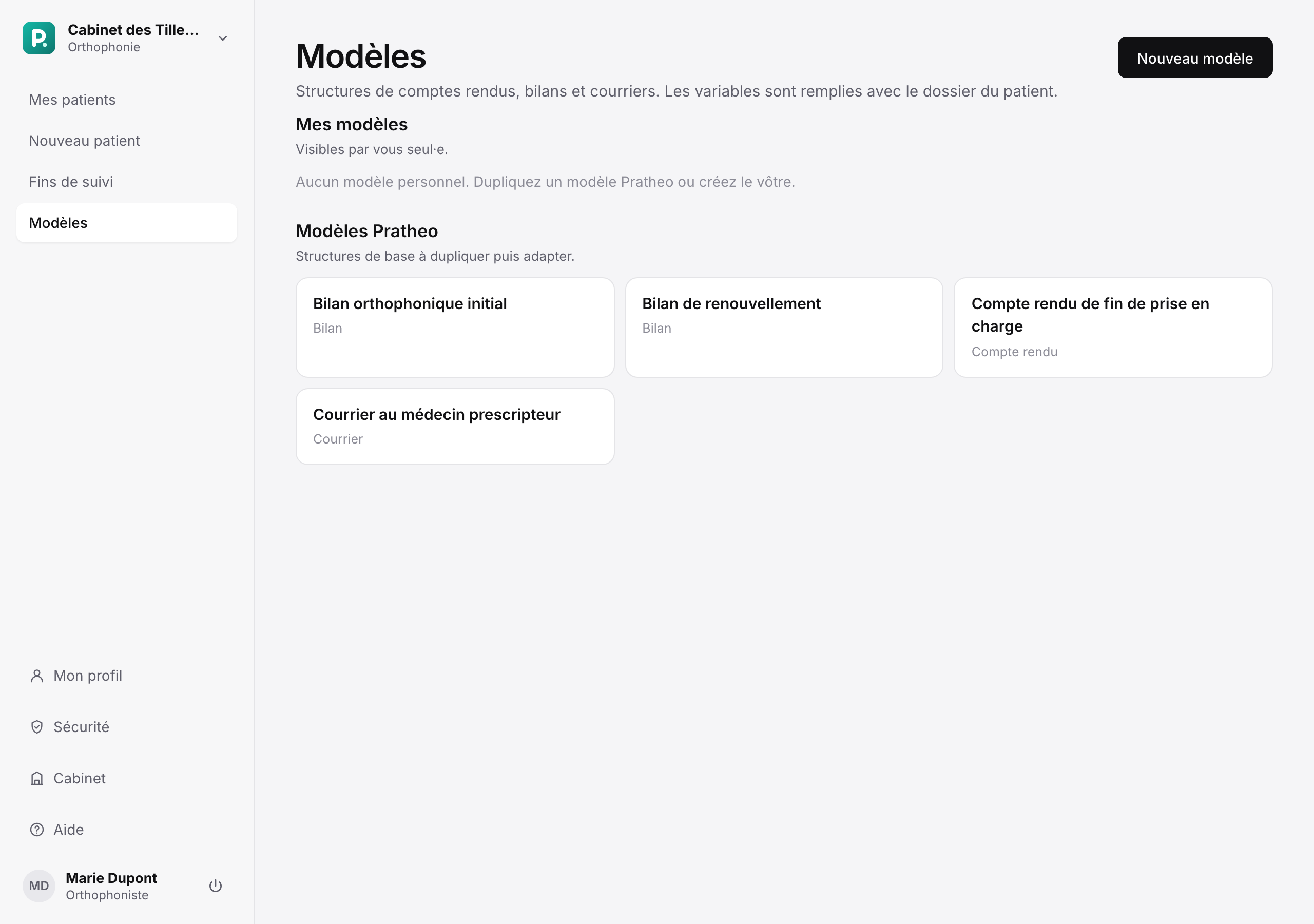 Page Modèles : modèles Pratheo, modèles du cabinet et modèles personnels
