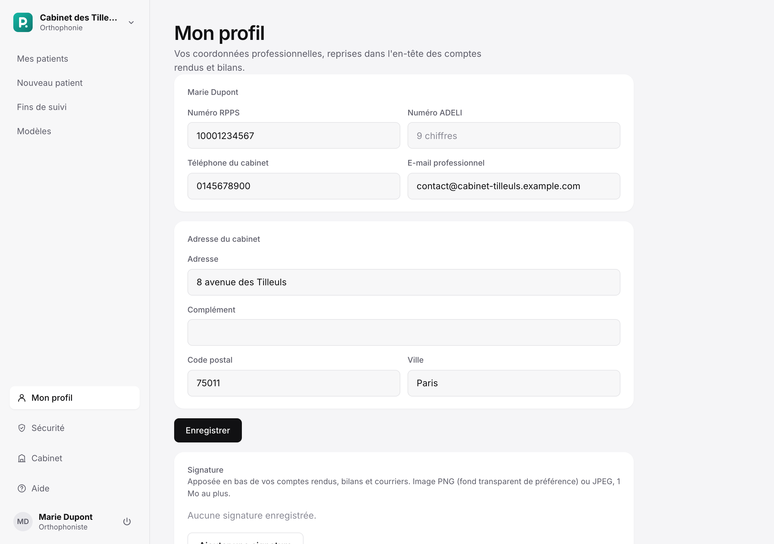 Page Mon profil : numéros RPPS et ADELI, coordonnées et adresse du cabinet, signature