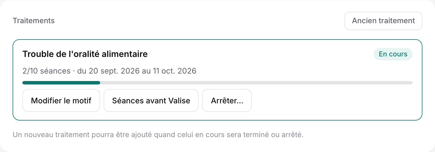 Partie Traitements : traitement en cours avec le nombre de séances faites sur le total prescrit